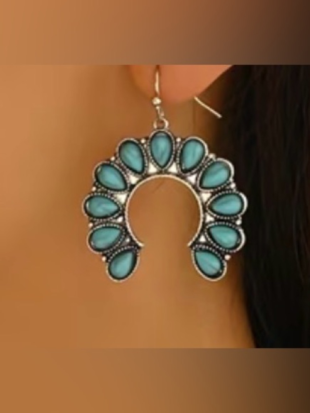 Western Horseshoe Turquoise Silver Dangle Earrings Cowgirl Earrings - Picture 3 of 5